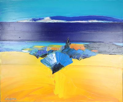 a painting of a beach scene with a blue sky and yellow sand