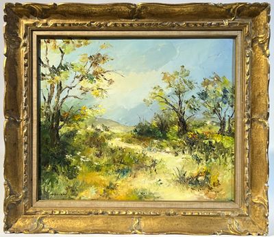 une peinture à l'huile d'un champ avec des arbres en arrière-plan