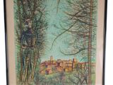 a painting of a landscape with trees and a building in the background