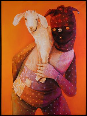 a painting of a woman holding a goat in her arms