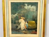 tableau représentant une femme et un enfant dans un paysage parsemé de bottes de foin
