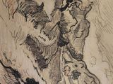 a drawing of a man riding a horse in the sky