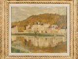 a painting of a river scene with houses and a mountain in the background