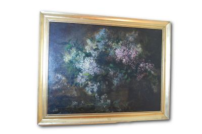 ANTIJA?, huile sur toile "Bouquet d'Iris sur un entablement"…