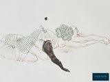 a drawing of a woman laying on the ground with a flower in her hair