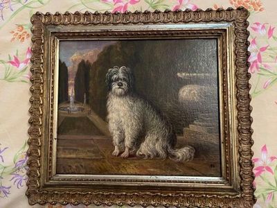 un tableau représentant un chien assis sur une table