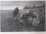 a drawing of a man plowing a field with two horses
