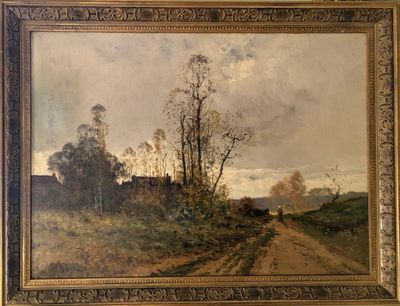 une peinture à l'huile représentant un chemin de terre avec des arbres au loin