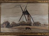 painting of a horse grazing in a field with a windmill in the background