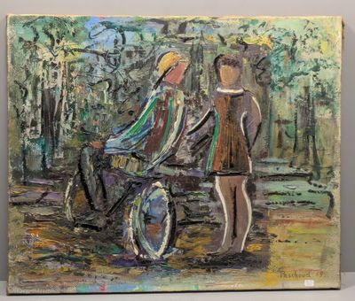 painting of a woman pushing a child in a stroller in a park
