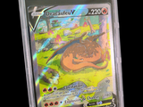 a pokemon card in a plastic holder on a black background