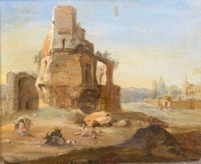 an image of a painting of people and animals in a desert