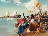 a painting of a group of people walking on the beach