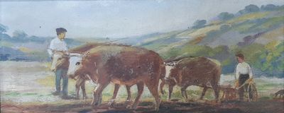 a painting of a man plowing a field with two oxen