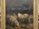 a painting of a group of sheep eating hay in a barn