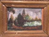 painting of a landscape with trees and a river in a gold frame
