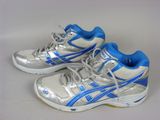 pair of silver and blue running shoes on a white surface