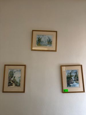 three framed pictures on the wall of a living room