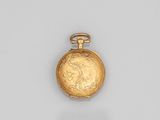 an image of a gold pocket watch on a white surface