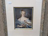 portrait d'une femme en robe bleue tenant un panier de fleurs