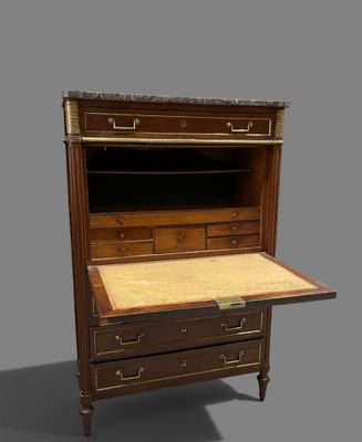 an old wooden desk with drawers and a drawer on top of it