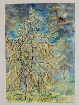aquarelle représentant un arbre dans un champ, avec un oiseau dans le ciel