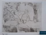dessin représentant un groupe de personnes assises autour d'une table avec un plat de nourriture