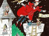 cartoon drawing of a man in a top hat on a ladder in front of a castle with cats on it