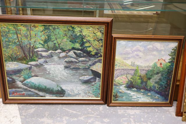2 huiles sur toile signées A. BOUAT ; 2 aquarelles signées DESMAR...