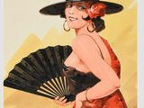 painting of a woman in a red dress and black hat holding a fan
