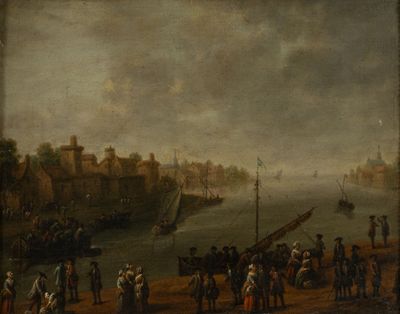 painting of a group of people standing on a beach next to a body of water
