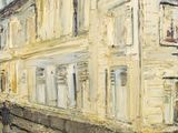 une peinture à l'huile représentant un bâtiment dans une rue de la ville, avec une calèche