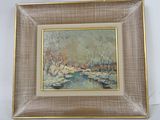 framed oil painting of a winter scene with a river in the foreground