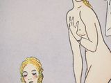 illustration of two women in a bathtub with a man in the background