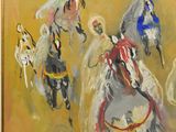 painting of a group of people riding horses on a yellow background