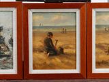 three framed paintings of people on a beach with a boat in the background
