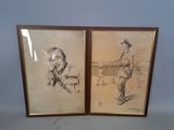 two framed drawings of a man in uniform and a woman in uniform