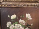 a painting of white flowers in a vase on a table