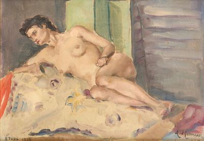 tableau représentant un homme nu allongé sur un lit dans une chambre