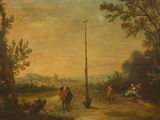 une peinture à l'huile représentant des personnes à cheval sur un chemin de terre dans une zone boisée