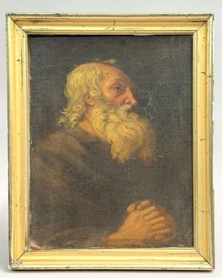 un vieux tableau représentant un homme à la longue barbe, dans un cadre doré