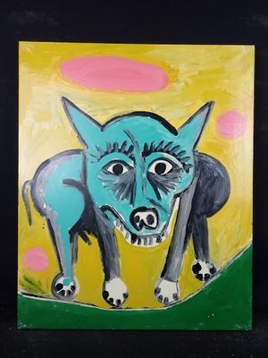 un tableau représentant un chien bleu sur fond jaune