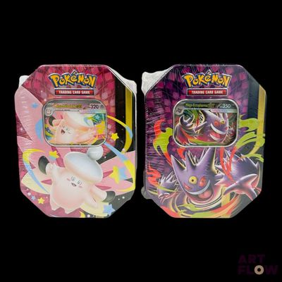 two tins of pokemon trading cards are shown on a black background
