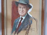 painting of a man in a suit and tie with a green hat