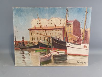 an oil painting of boats in a harbor with buildings in the background