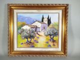 une peinture à l'huile représentant une maison avec des oliviers devant