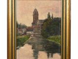an oil painting of a river with a church in the background