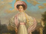 painting of a woman in a white dress and pink hat holding a pink umbrella