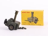 a small toy tractor with a box on a white surface