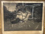 an image of a painting of a woman riding a horse in a forest